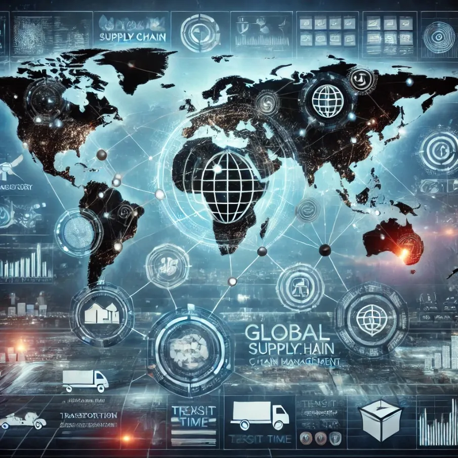 Business professionals in a modern conference room shaking hands, with a digital map and supply chain graphics projected behind them, illustrating a strategic partnership in logistics and supply chain management.